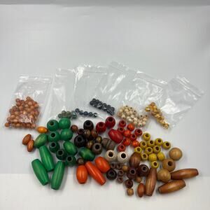 Large Vintage Lot Wooden Macrame Beads 1970's Green Orange Brown Cream